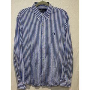 Ralph Lauren Custom Fit Mens Button Up Shirt, 17/43 Blue Pink Stripes Blue Pony